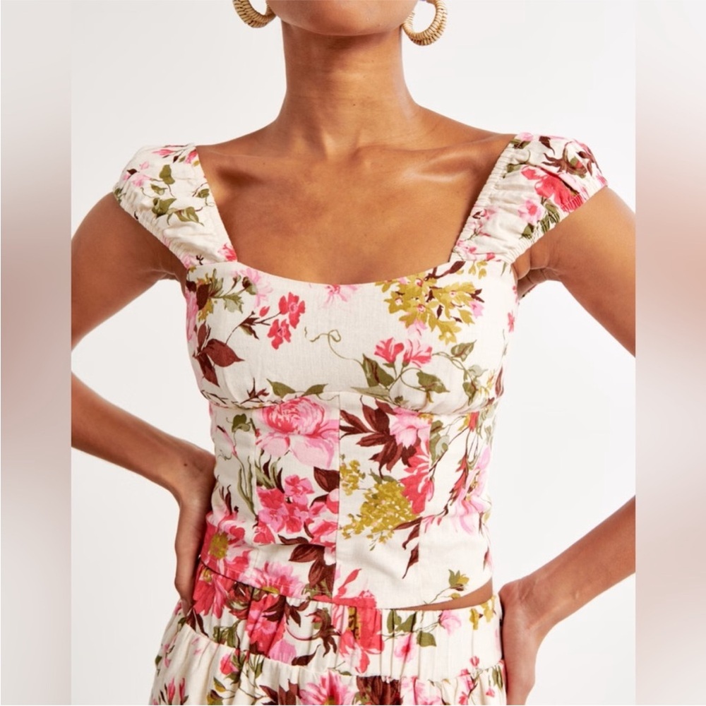 Abercrombie & Fitch White Floral Square-Neck Top with Pink & Green Print